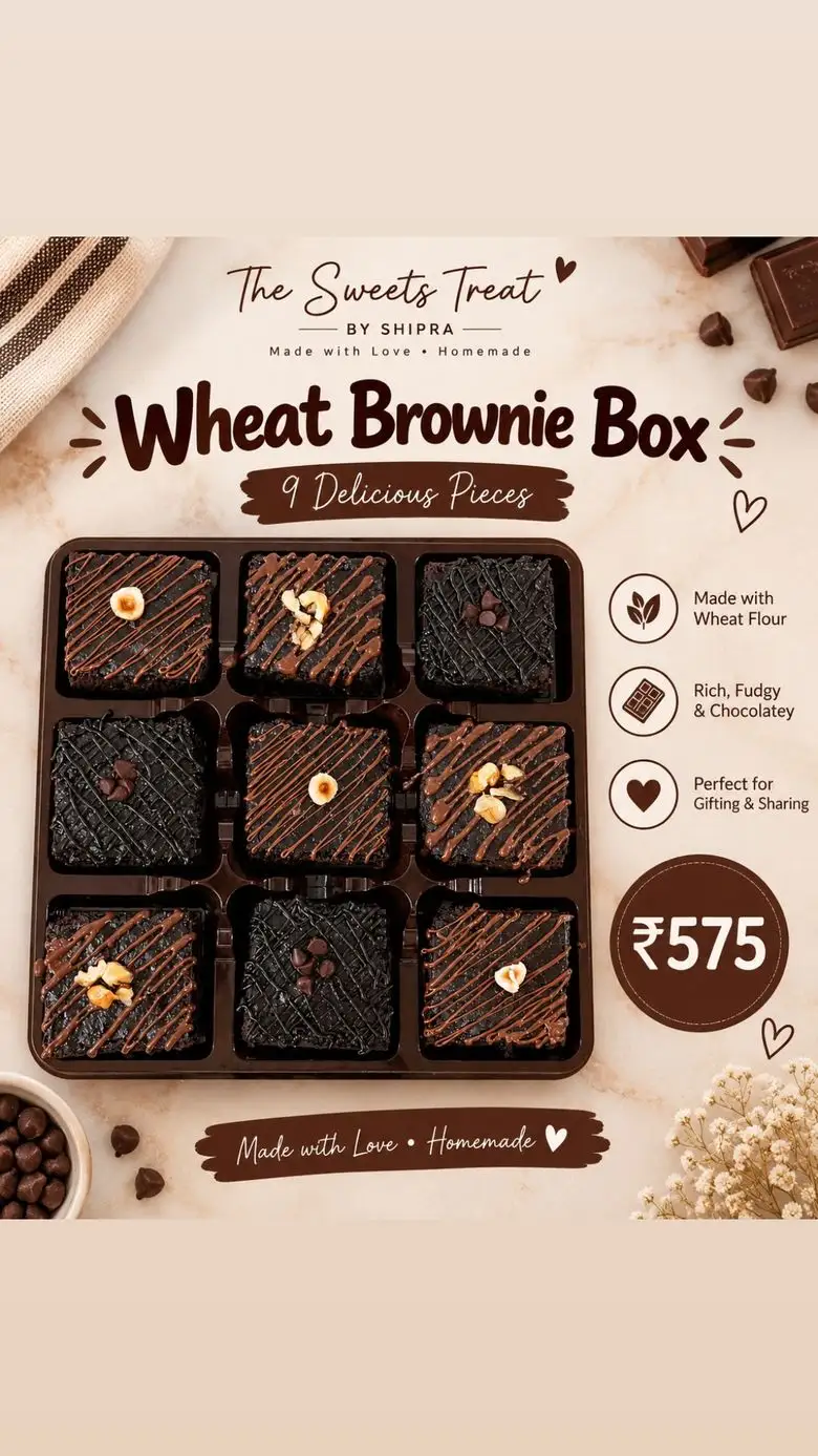 Menu board — Wheat Brownie Box, 9 pieces for ₹575, fudgy brownies made with wheat flour
