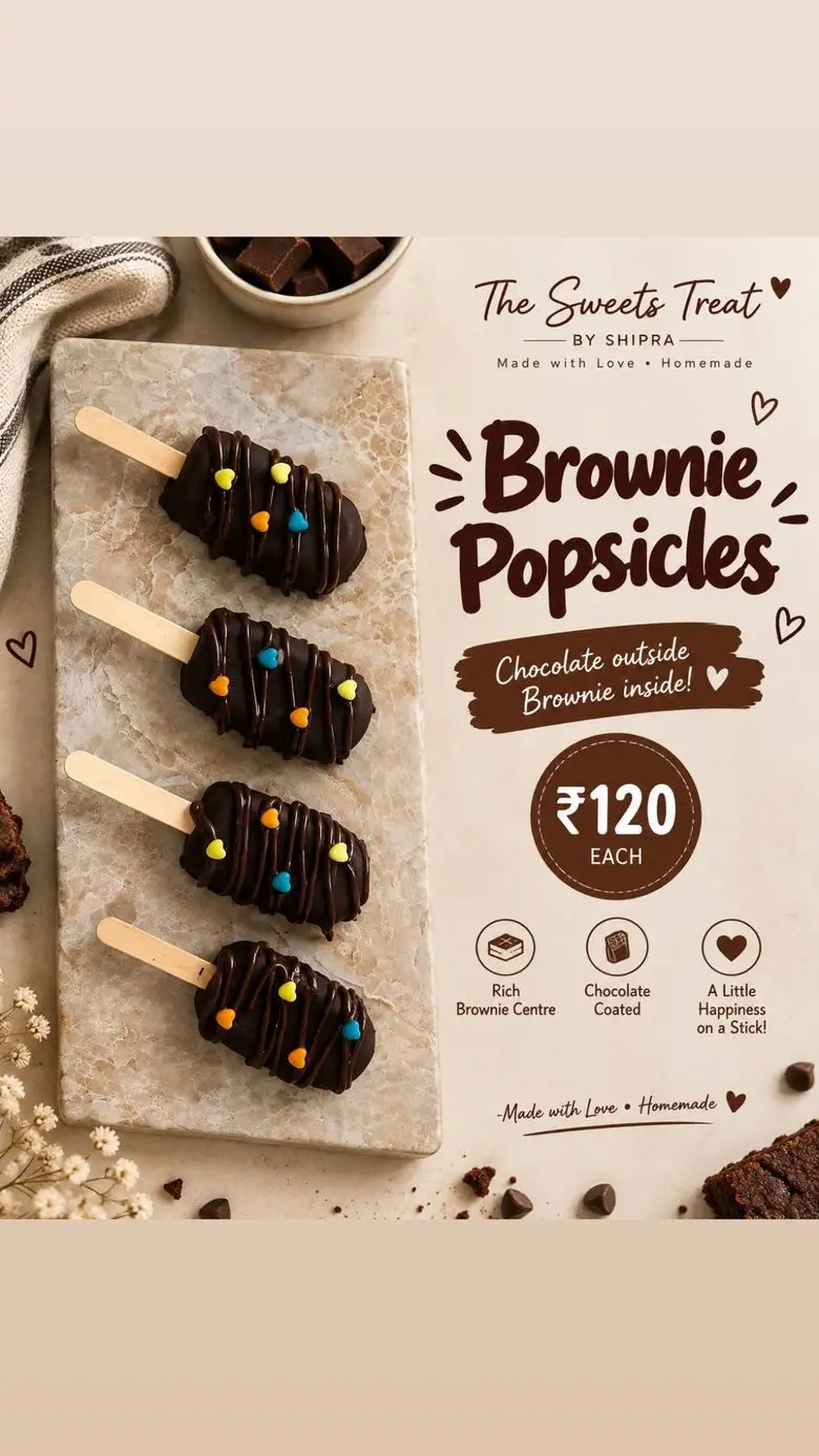 Menu board — Brownie Popsicles, ₹120 each, chocolate outside and brownie inside