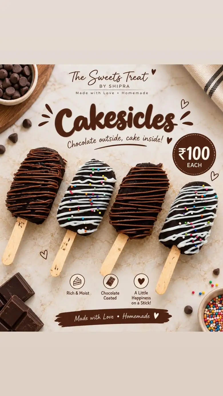 Menu board — Cakesicles, ₹100 each, chocolate-coated cake on a stick