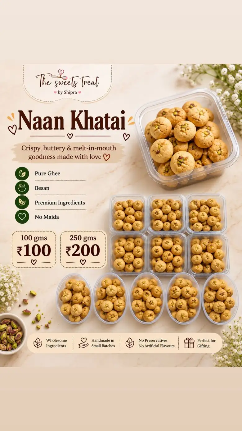 Menu board — Naan Khatai made with pure ghee and besan, ₹100 for 100 g and ₹200 for 250 g