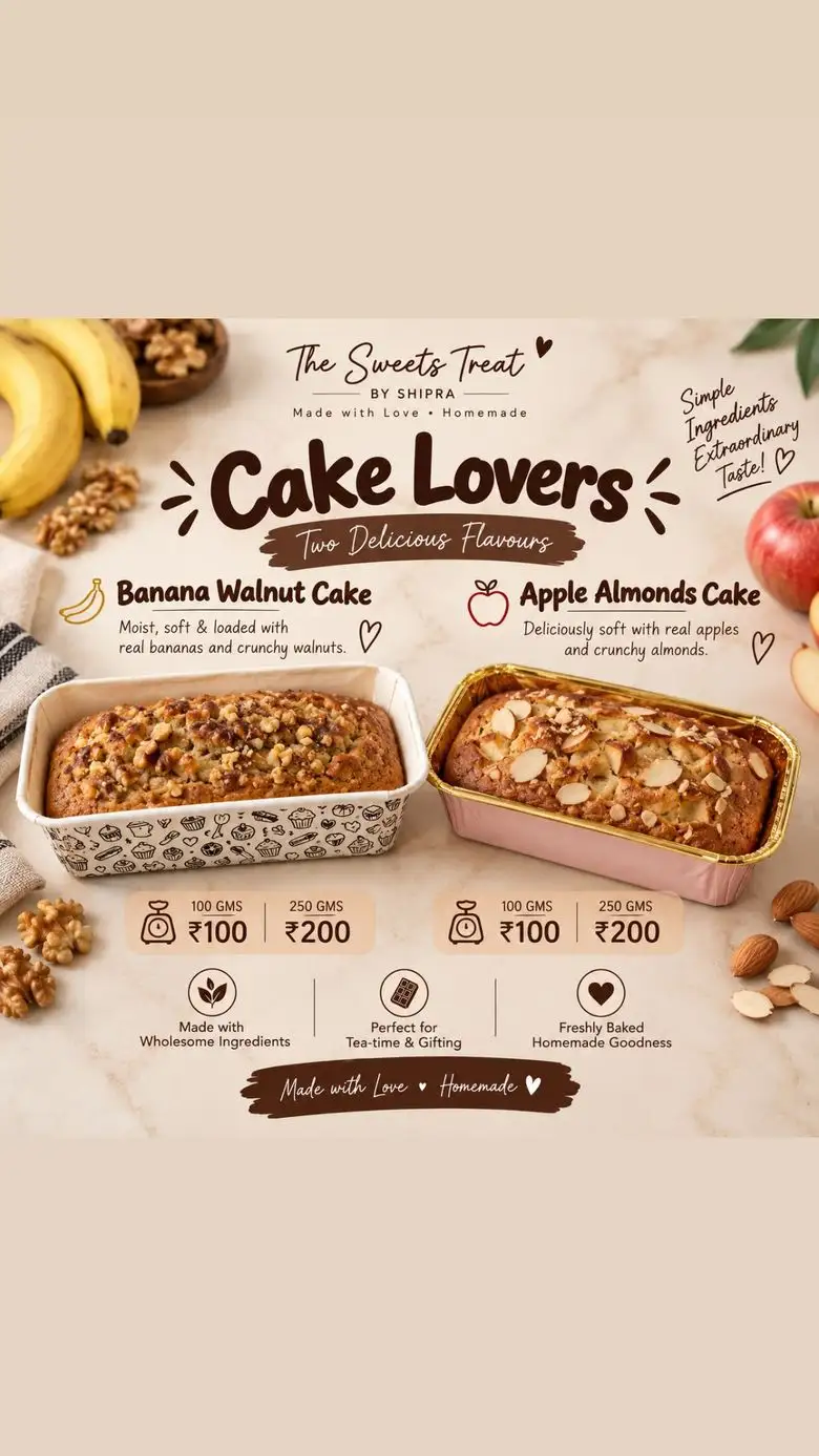 Menu board — Cake Lovers tea loaves, Banana Walnut and Apple Almonds, ₹100 for 100 g and ₹200 for 250 g