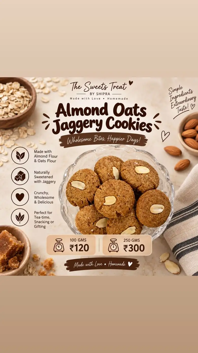 Menu board — Almond Oats Jaggery Cookies, ₹120 for 100 g and ₹300 for 250 g
