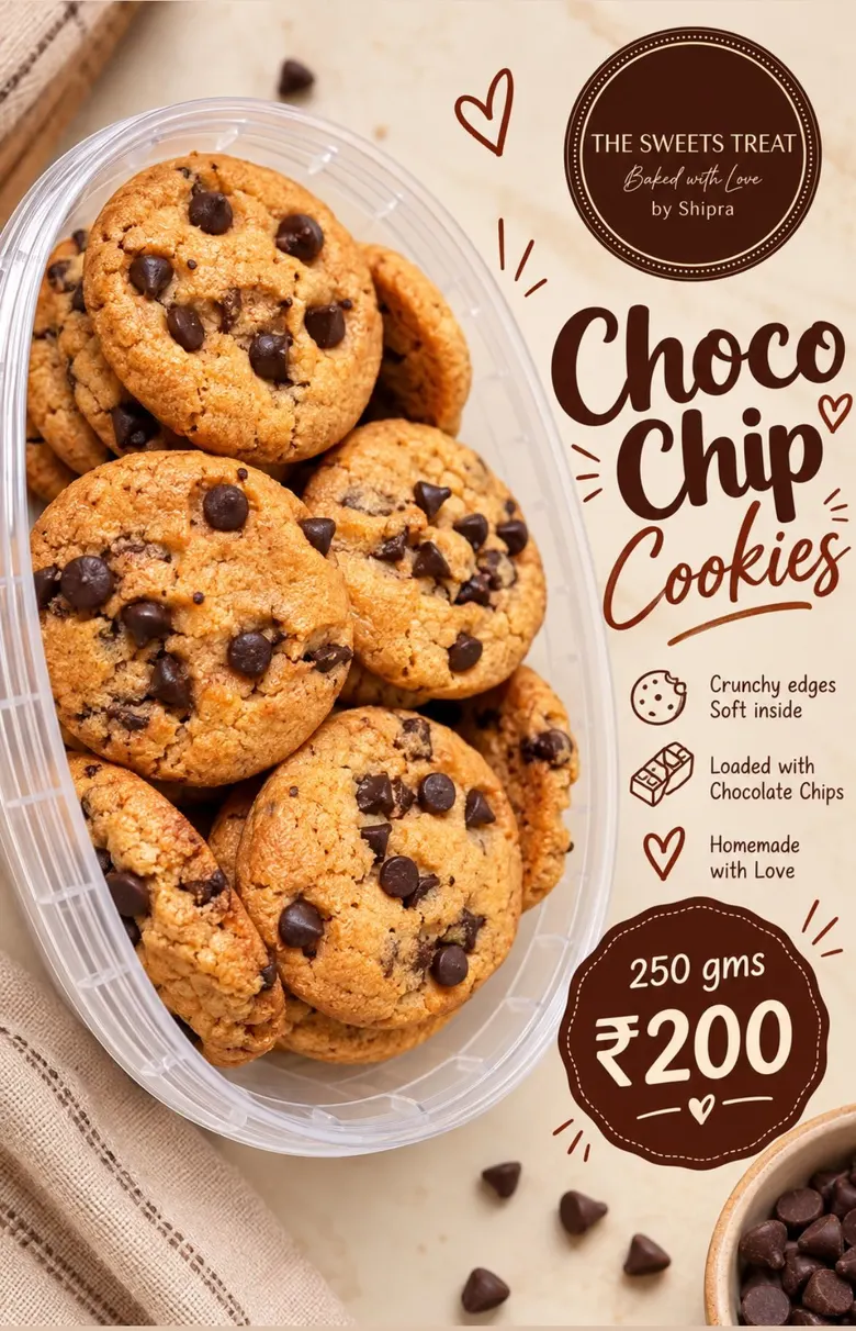 Menu board — Choco Chip Cookies, ₹200 for 250 g