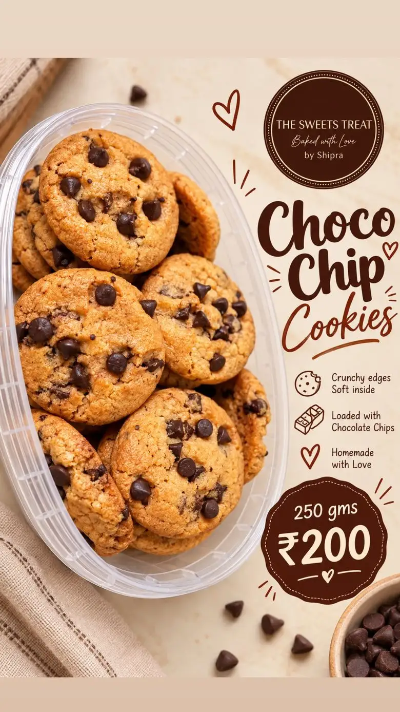 Menu board — Choco Chip Cookies, ₹200 for 250 g